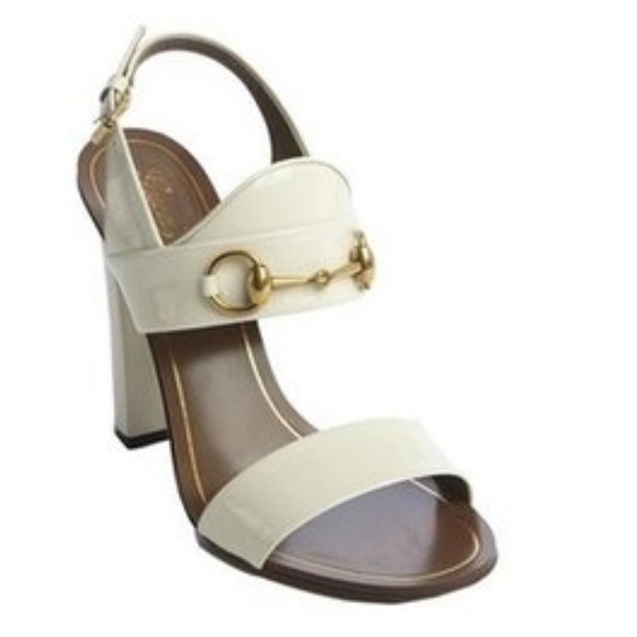 Gucci Shoes - Gucci White Patent Leather Block Heel Sandals with Gold Horsebit